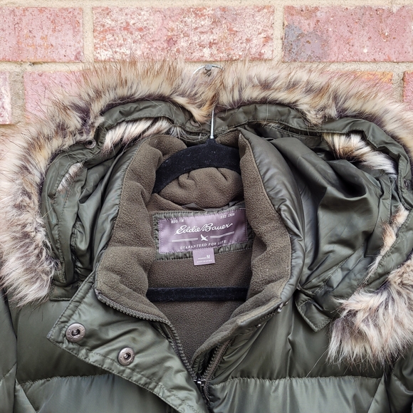 Eddie Bauer Lodge Dark Green Hooded Down Duffle Coat with Faux Fur Trim - Picture 3 of 12